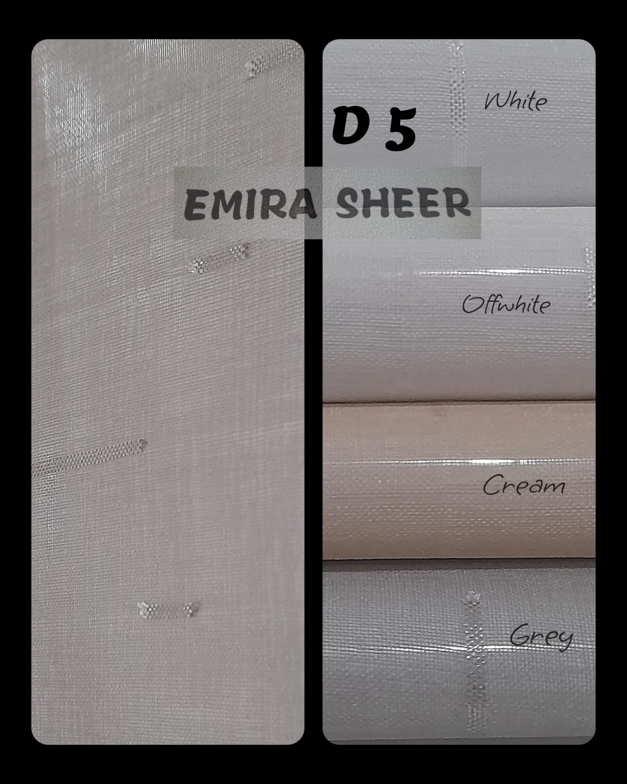 Contoh kain vitrase Emira Sheer motif D5 dengan pilihan warna white, offwhite, cream, dan grey