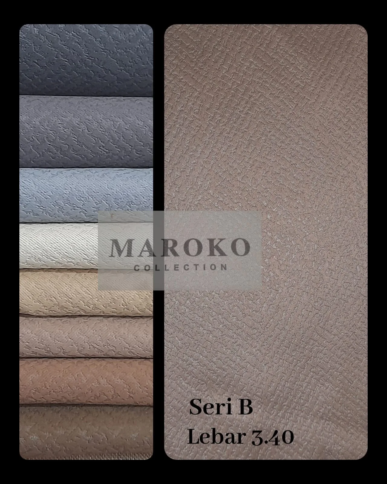 Deretan contoh kain gorden koleksi Maroko Seri B bertekstur dalam warna abu, krem, dan cokelat
